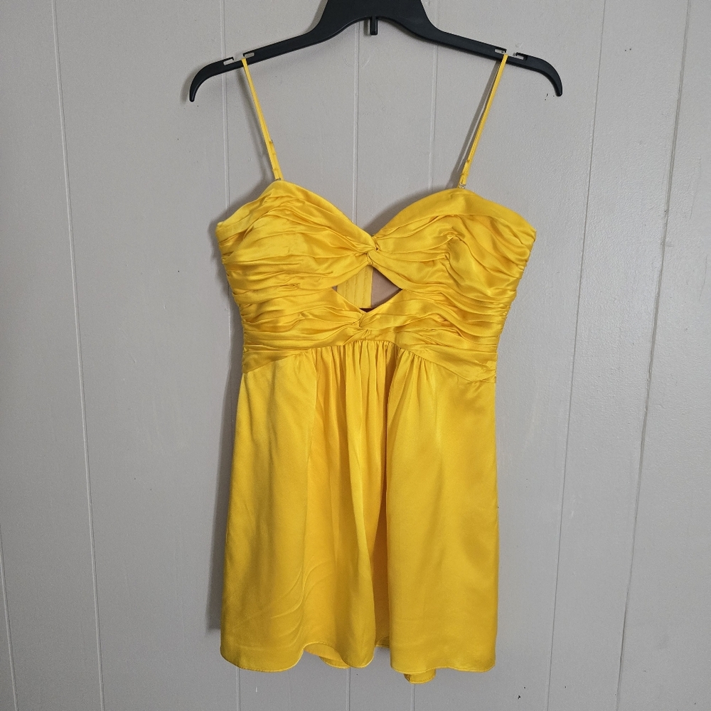 Cinq A Sept Nwt Silk Mini Dress Yellow Strappy Cutout Ruching Size 10